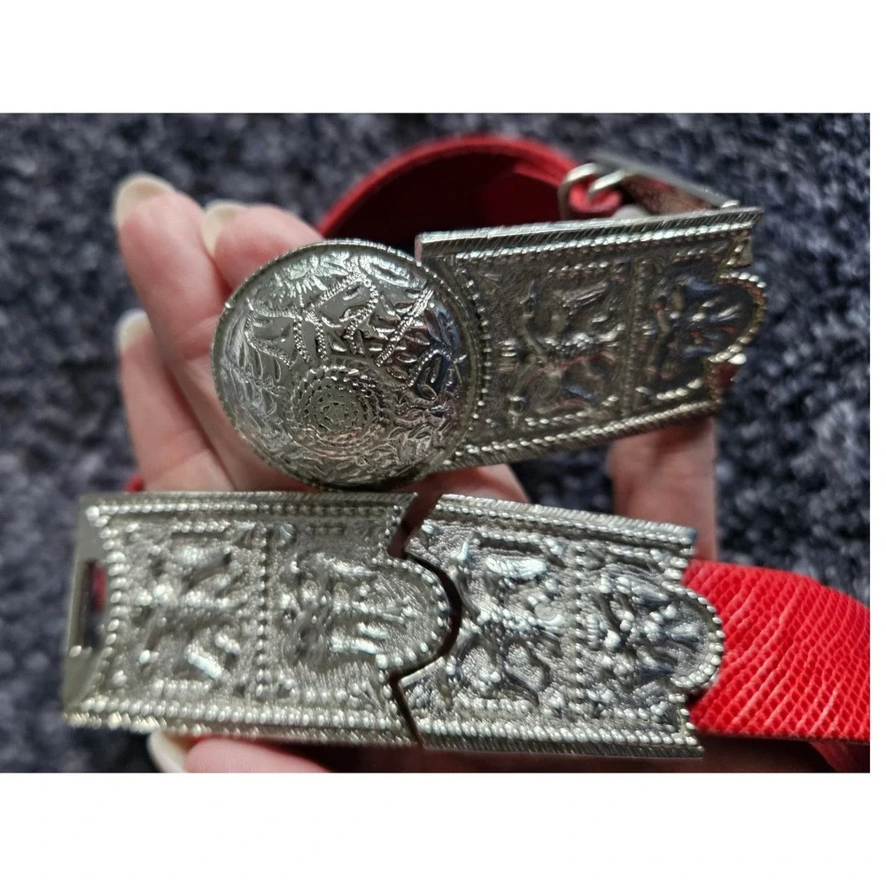 Alexis Kirk Statement Belt Red Snake Embossed Leather Silver Ornate Buckle VTG